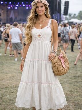 Vintage Young Edwardian Prairie Dress Cottagecore Boho Maxi White Size 11 = S-XS